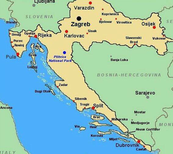Karta över Kroatien med Baska Voda på Makarska Riviera